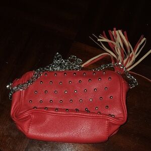 Chic Red Studded Crossbody Bag with Chain Strap